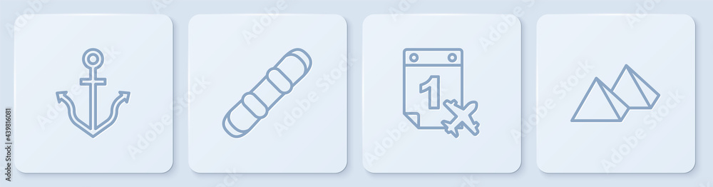 设置线锚，日历和飞机，滑雪板和埃及金字塔。白色方形按钮。矢量