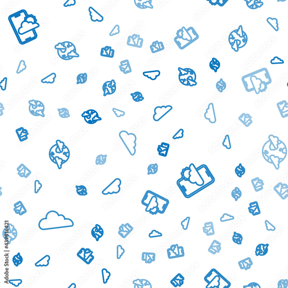 Set line Cloud, Weather forecast and Earth planet with clouds on seamless pattern. Vector