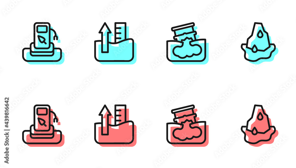 Set line Barrel oil leak, Petrol or gas station, Rise in water level and Glacier melting icon. Vecto