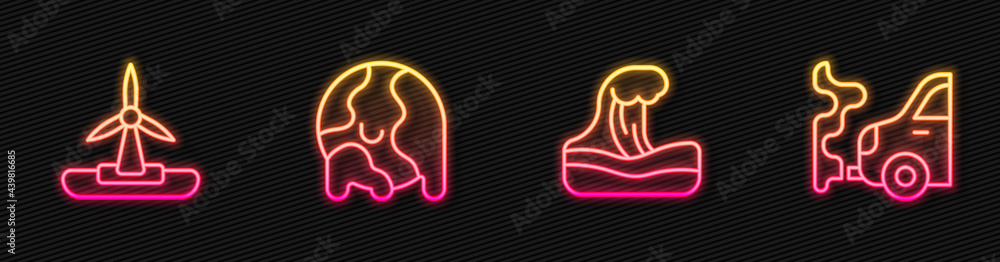 Set line Tsunami, Wind turbine, Global warming and Car exhaust. Glowing neon icon. Vector