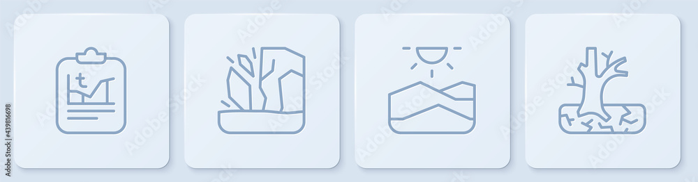 Set line Global warming, Drought, Glacier melting and Withered tree. White square button. Vector