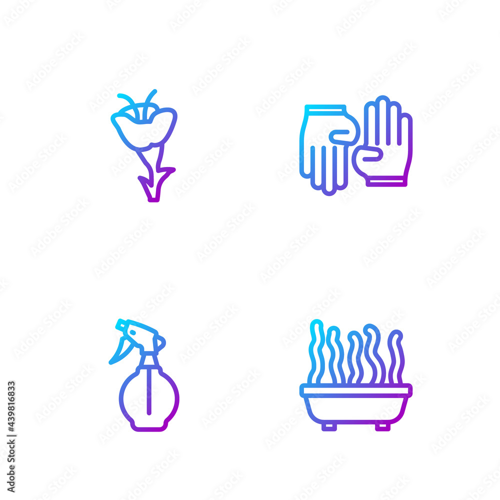 Set line Plant in pot, Water spray bottle, Flower and Rubber gloves. Gradient color icons. Vector