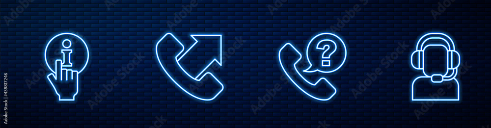 Set line Telephone 24 hours support, Information, and Man with headset. Glowing neon icon on brick w