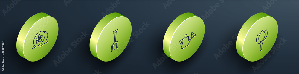 Set Isometric line Flower, Garden rake, Watering can and tulip icon. Vector