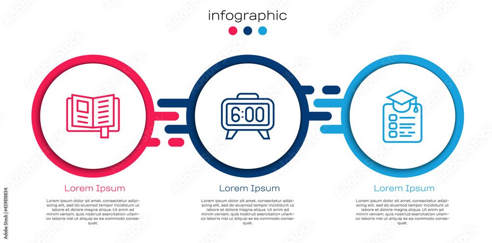 设置线路阅读书籍、数字闹钟和在线教育。商业信息图模板。Vect