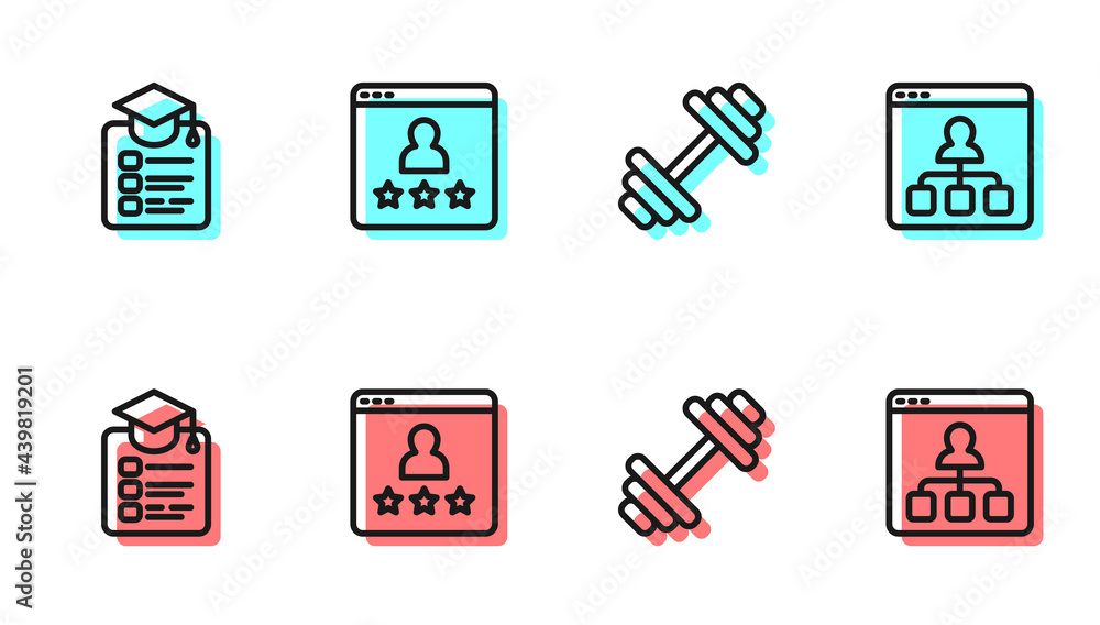 Set line Dumbbell, Online education, Customer product rating and icon. Vector