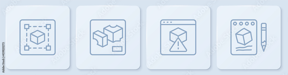 在纸上设置线条几何图形立方体、3D打印机和草图。白色方形按钮。矢量