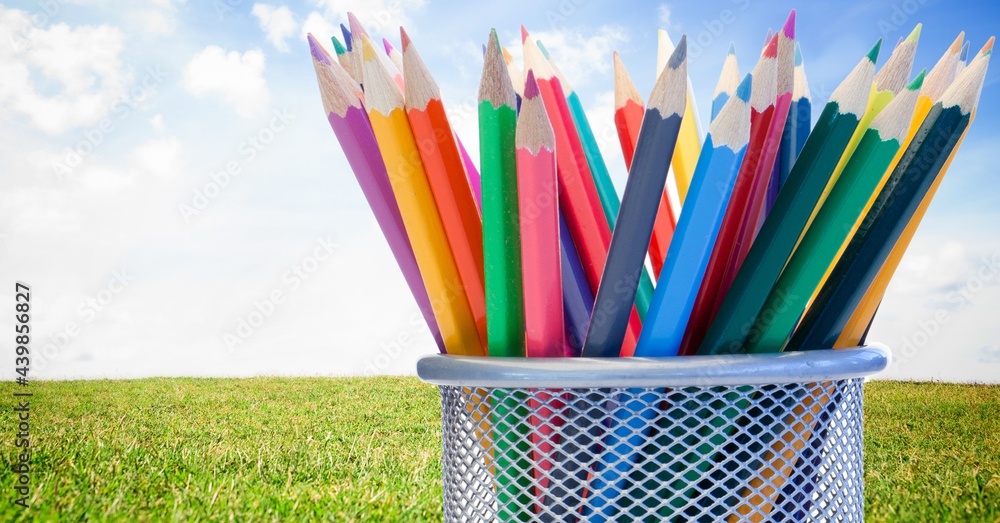 Multiple colorful pencils in stand against against landscape with green grass and blue sky