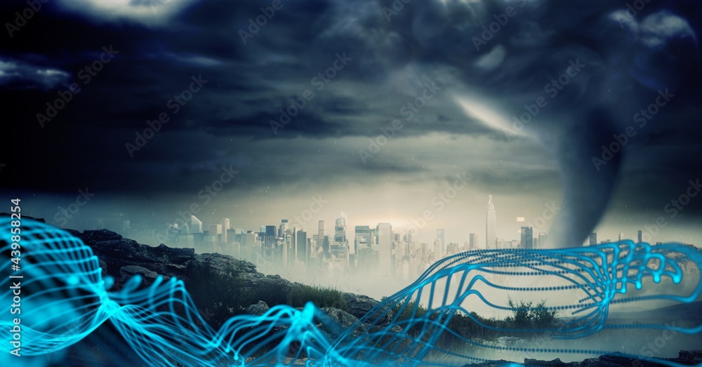 Glowing blue digital waves against thunderstorm and dark clouds against view of cityscape