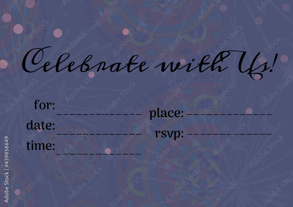 Celebrate with us text with copy space against floral designs and spots of light on grey background