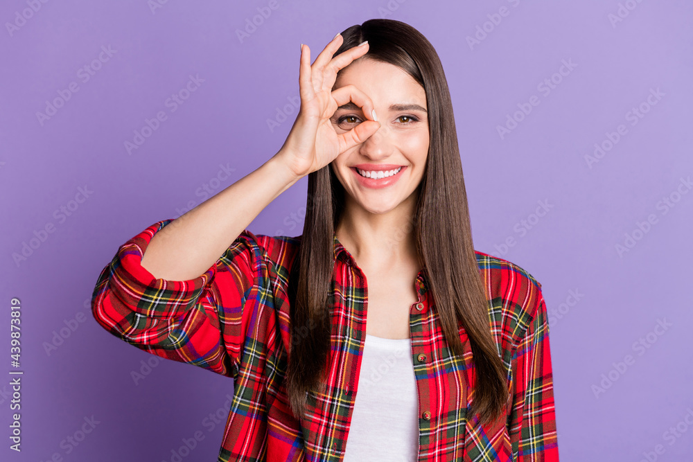 Photo of funny brunette hairdo young lady show glasses wear red shirt isolated on purple color backg