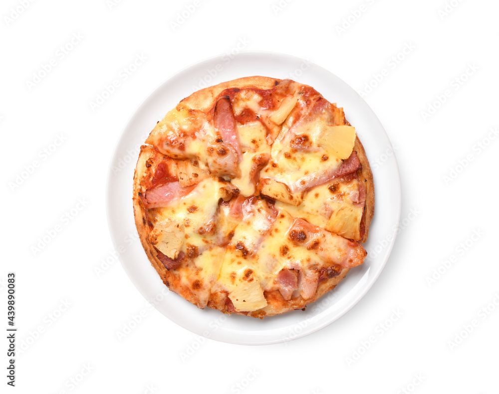 Flat lay of Pineapple Hawaiian Pizza isolated on white background.