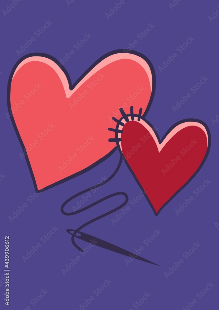 Composition of two red hearts sewn together with copy space on purple background