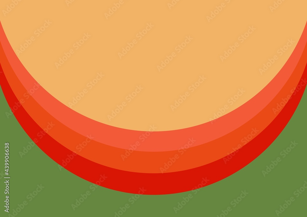 Composition of red and orange curves with central yellow copy space and green background