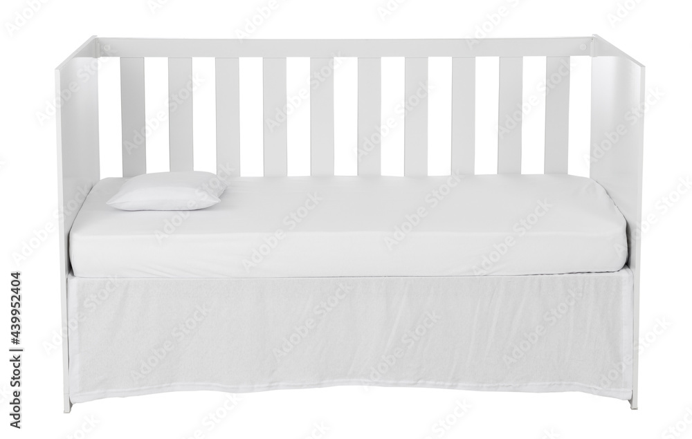 White Baby Crib With Pillow Isolated on White Background