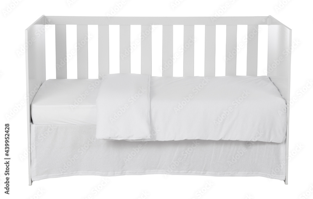 White Baby Crib With Duvet Isolated on White Background