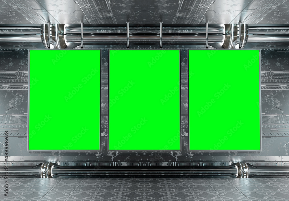 未来派地下模型中的三块垂直广告牌。飞船内部的围板与met