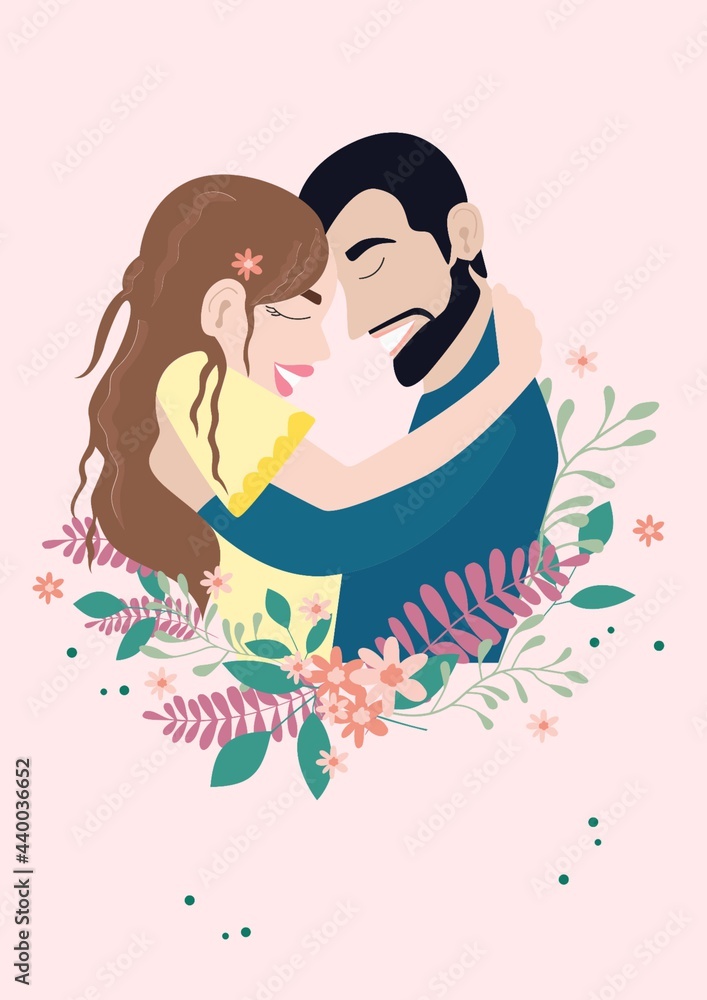 Composition of happy smiling couple embracing with flowers and foliage on pale pink background