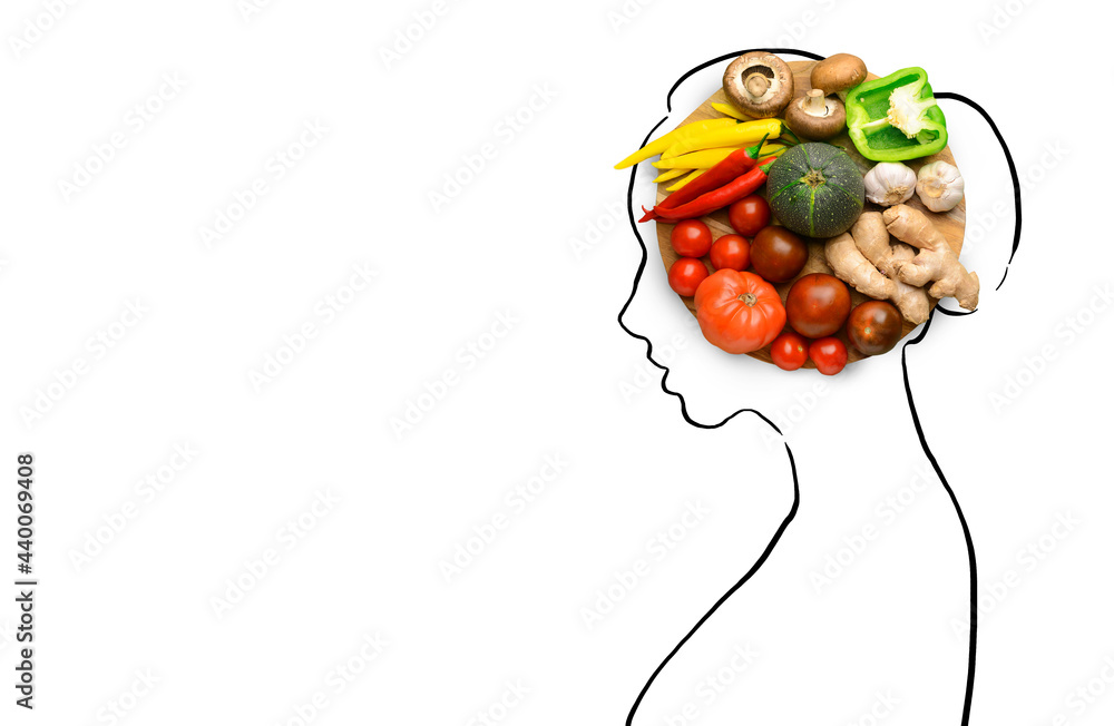 Drawn silhouette of woman with fresh vegetables on white background