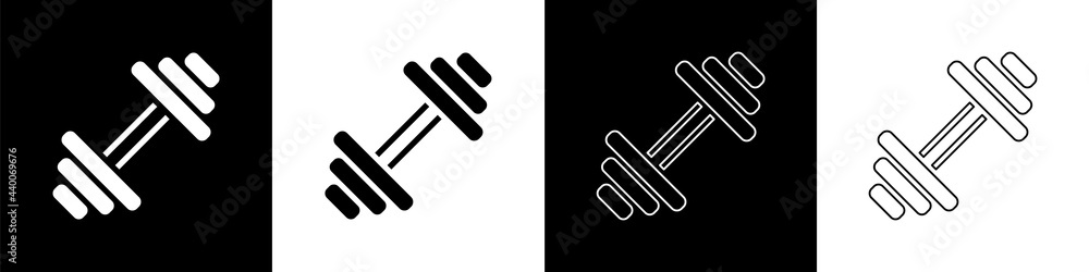 Set Dumbbell icon isolated on black and white background. Muscle lifting icon, fitness barbell, gym,