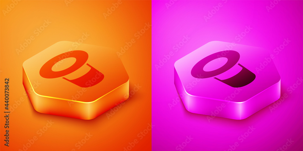 Isometric Magic hat icon isolated on orange and pink background. Magic trick. Mystery entertainment 