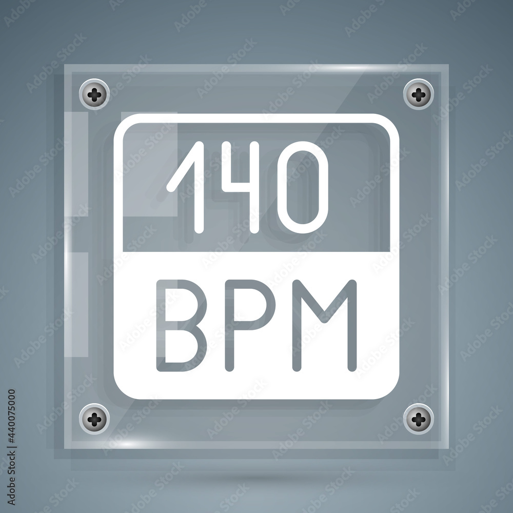 White Bitrate icon isolated on grey background. Music speed. Sound quality. Square glass panels. Vec