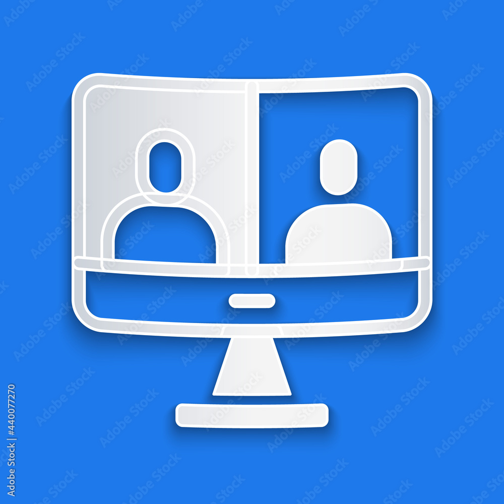 Paper cut Video chat conference icon isolated on blue background. Computer with video chat interface