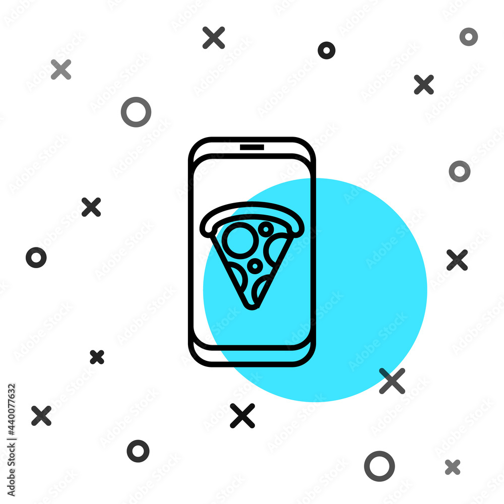 Black line Food ordering pizza icon isolated on white background. Order by mobile phone. Restaurant 