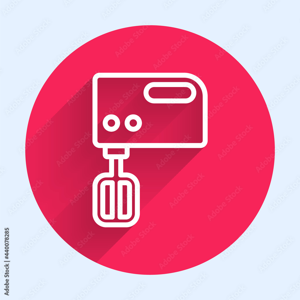 White line Electric mixer icon isolated with long shadow. Kitchen blender. Red circle button. Vector