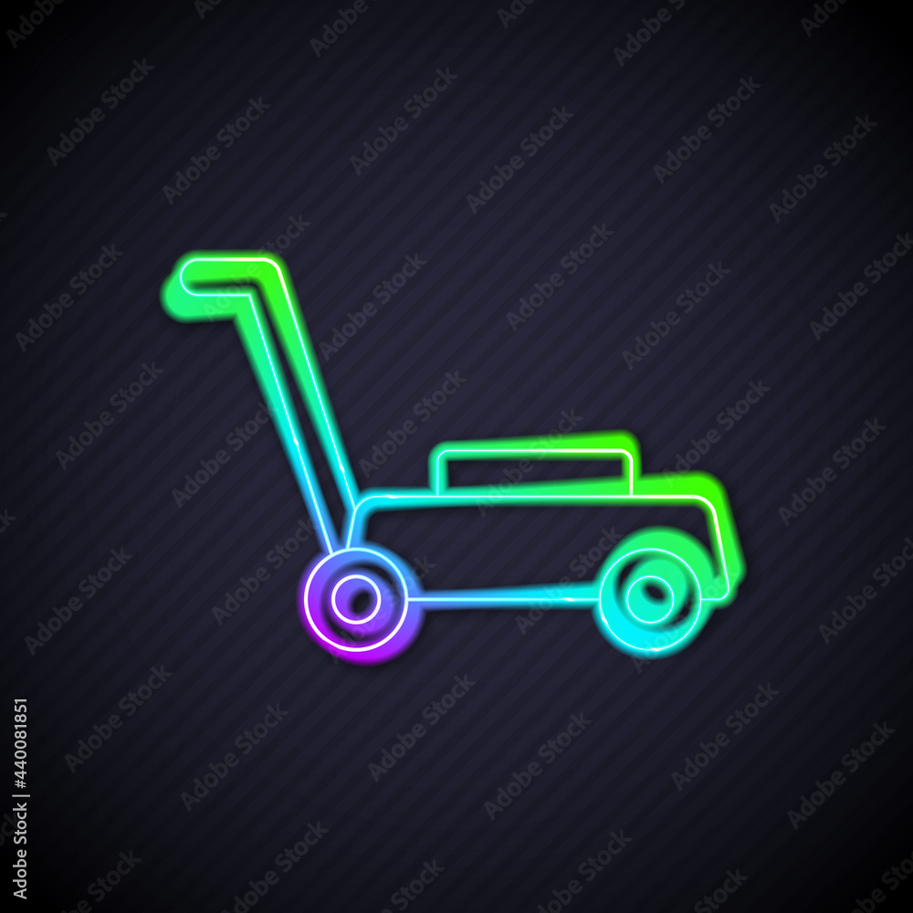 Glowing neon line Lawn mower icon isolated on black background. Lawn mower cutting grass. Vector