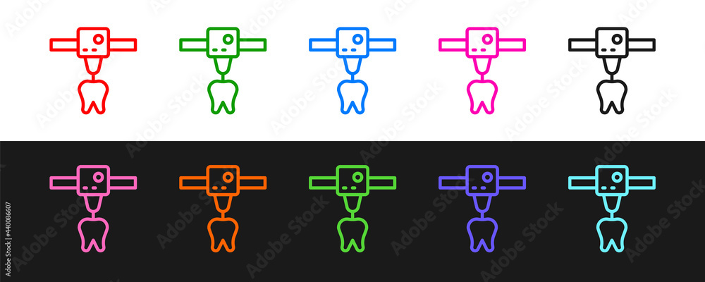 Set line 3D printer tooth icon isolated on black and white background. 3d printing. Vector