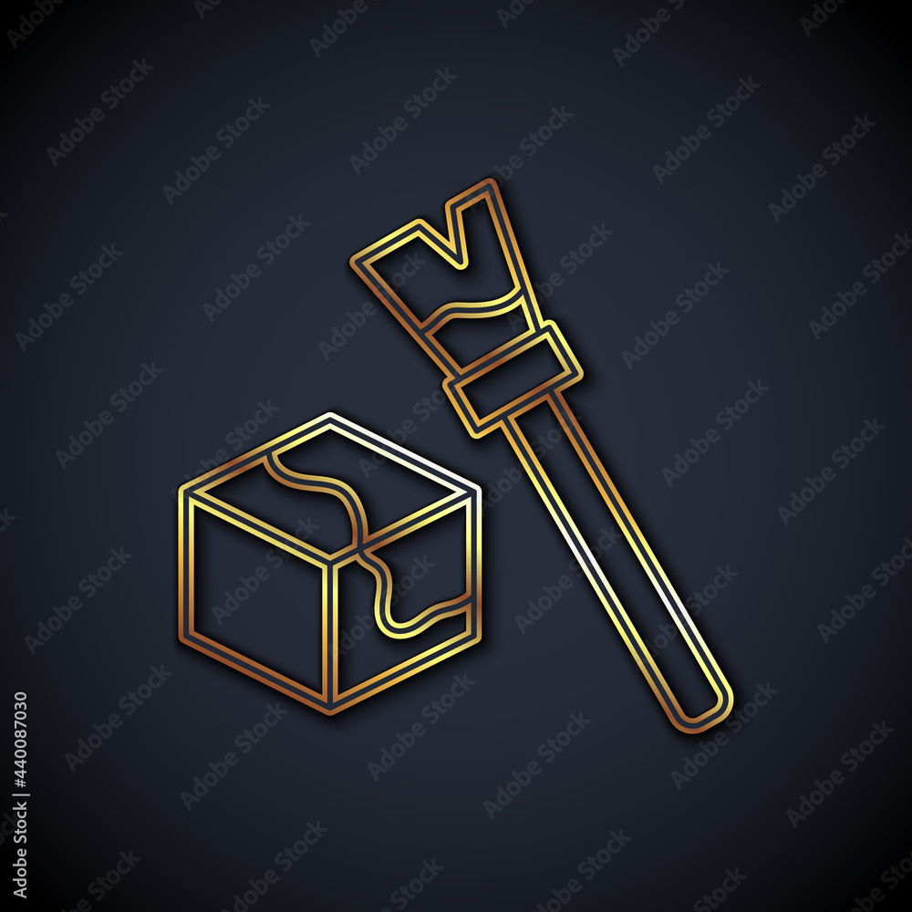 Gold line Isometric cube icon isolated on black background. Geometric cubes solid icon. 3D square si