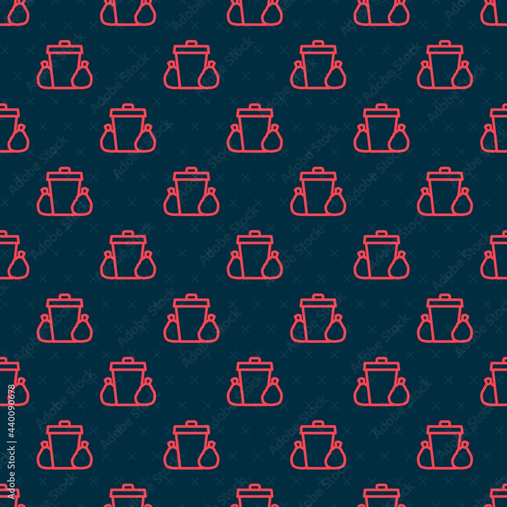 Red line Trash can icon isolated seamless pattern on black background. Garbage bin sign. Recycle bas