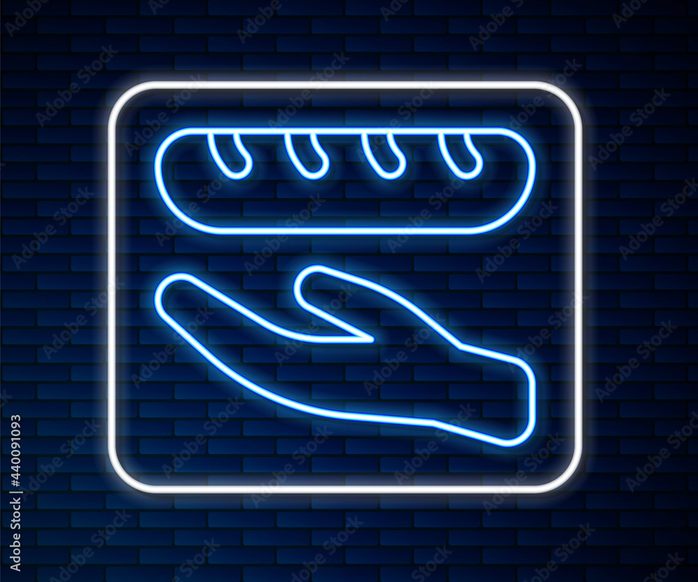 Glowing neon line Donation food icon isolated on brick wall background. Vector