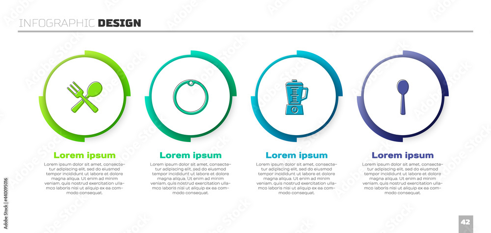 设置交叉叉和勺子，砧板，搅拌机和勺子。商业信息图模板。矢量