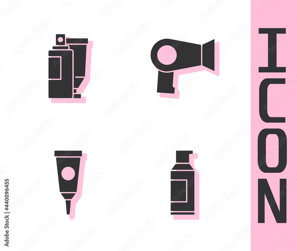 Set Spray can for hairspray, Cream lotion cosmetic tube, and Hair dryer icon. Vector