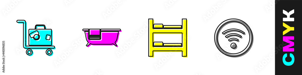 设置手提箱、浴缸、酒店客房床和Wi-Fi无线图标。矢量