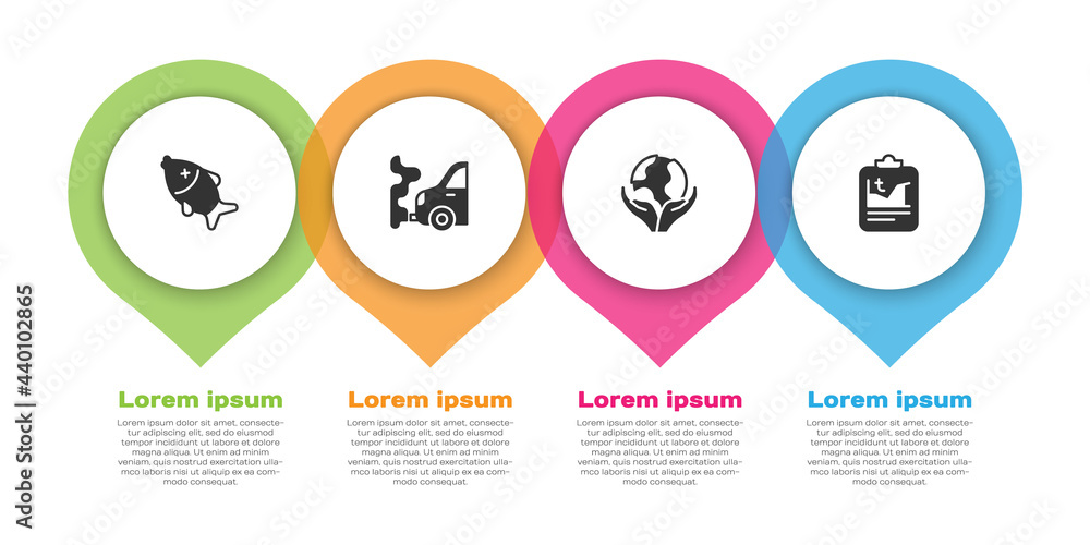 设置死鱼、汽车尾气、手持地球仪和全球变暖。商业信息图templa