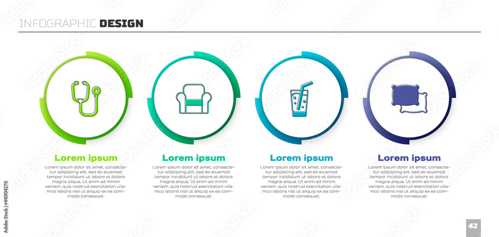 设置听诊器、扶手椅、带水玻璃杯和枕头。商业信息图模板。矢量