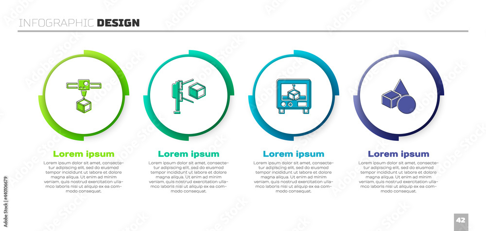 设置3D打印机立方体、扫描仪和基本几何形状。商业信息图模板。矢量