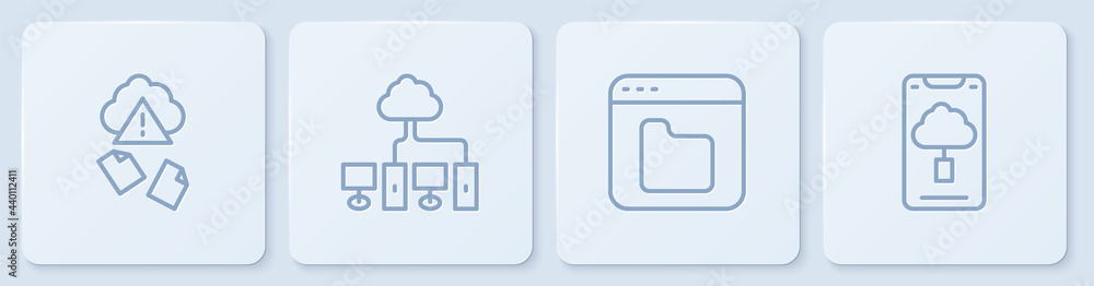 Set line Cloud hacking, Browser files, Computer network and technology data transfer. White square b