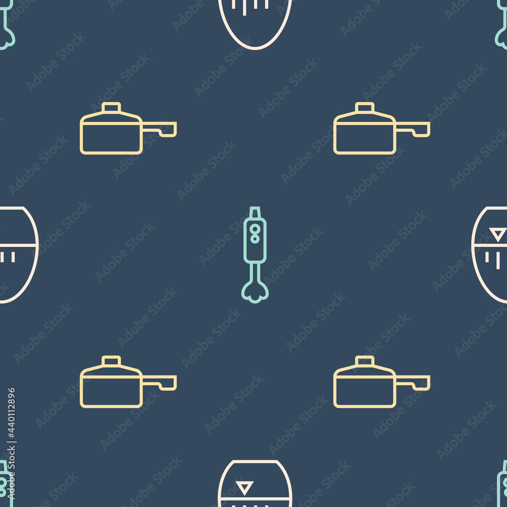 Set line Kitchen timer, Frying pan and Blender on seamless pattern. Vector