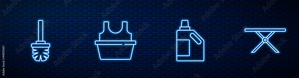 用于清洁剂、马桶刷、带衬衫和熨衣板的洗手盆的套装。发光霓虹灯i
