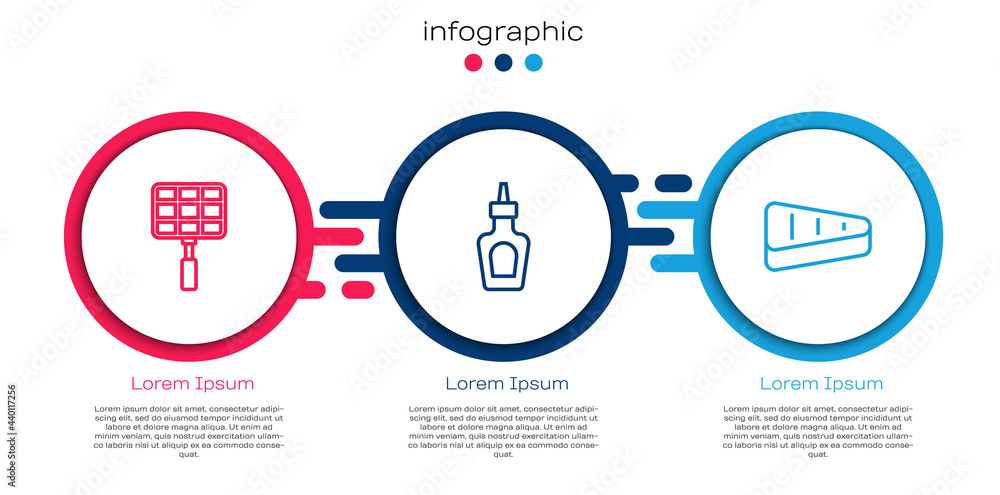 Set line Barbecue steel grid, Sauce bottle and Steak meat. Business infographic template. Vector