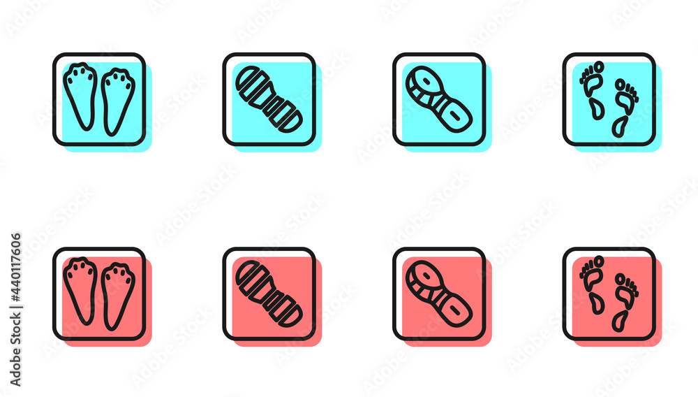 设定线人类足迹鞋、兔子和兔子爪以及图标。矢量