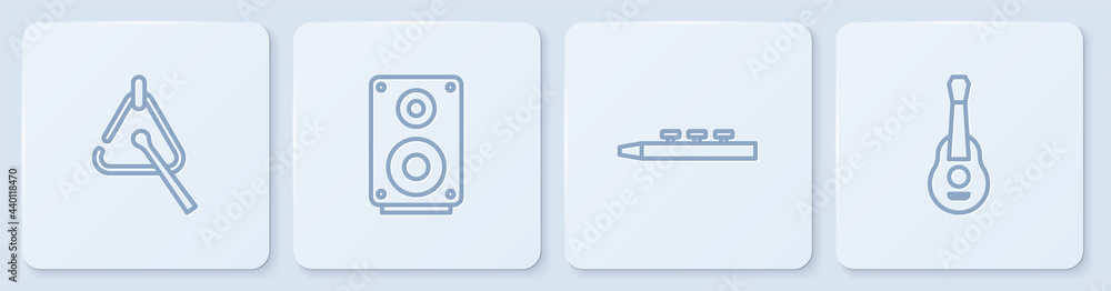 设置线条三角形，鼓和鼓槌，立体声扬声器和吉他。白色方形按钮。矢量