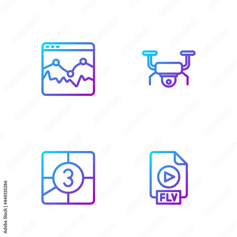 Set line FLV file document, Old film movie countdown frame, Music wave equalizer and Drone flying. G