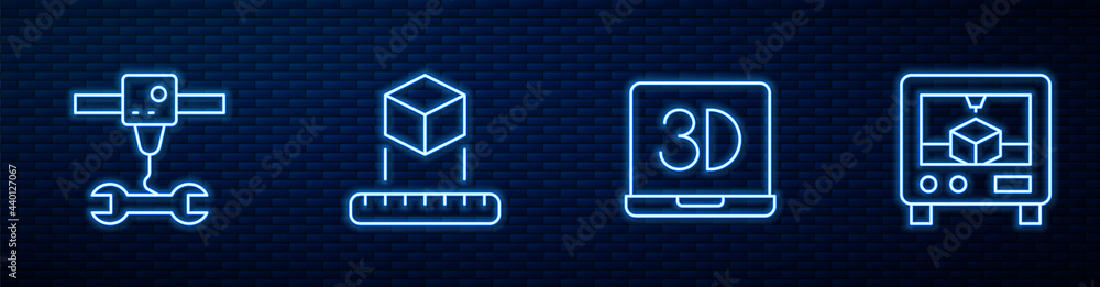 设置线3D打印机、扳手、等距立方体和砖墙上的发光霓虹灯图标。矢量