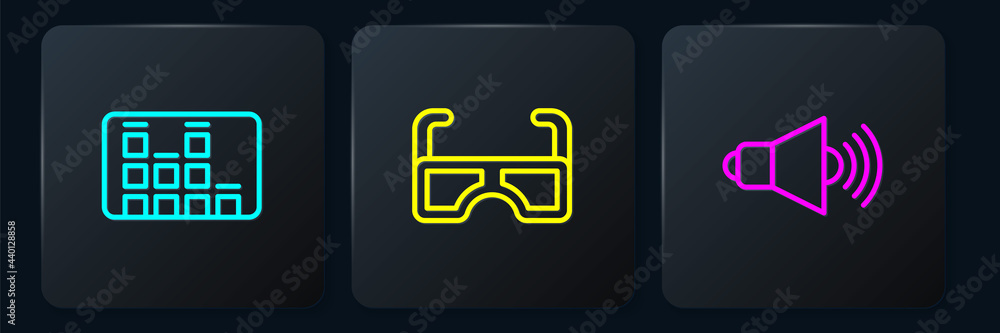 Set line Music equalizer, Speaker volume and Glasses. Black square button. Vector