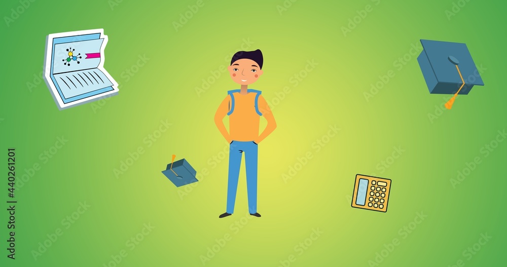 Composition of cartoon schoolboy, textbook, calculator and mortarboards floating on green background